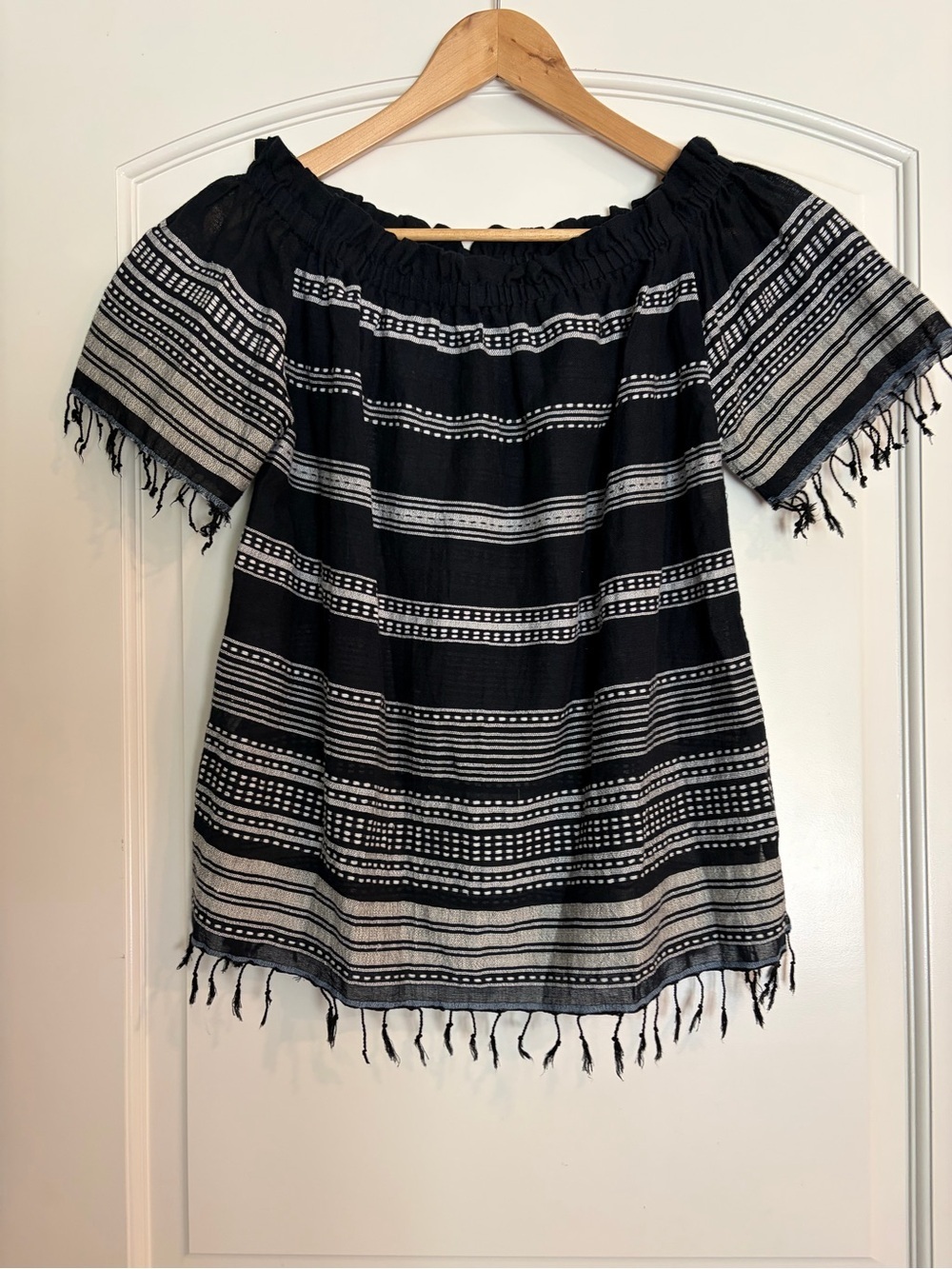 Lemlem Black & White Striped Off Shoulder Boho Cotton Tassle Fringe Top S